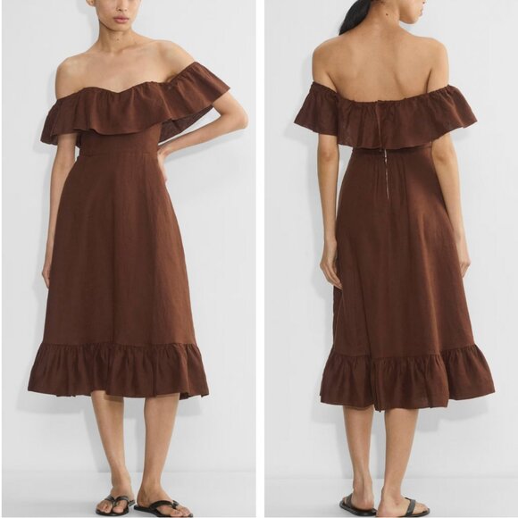 Aritzia Dresses & Skirts - EUC Aritzia Wilfred Marmion Linen Midi Dress Cafe Brown Off-the-Shoulder Sz4